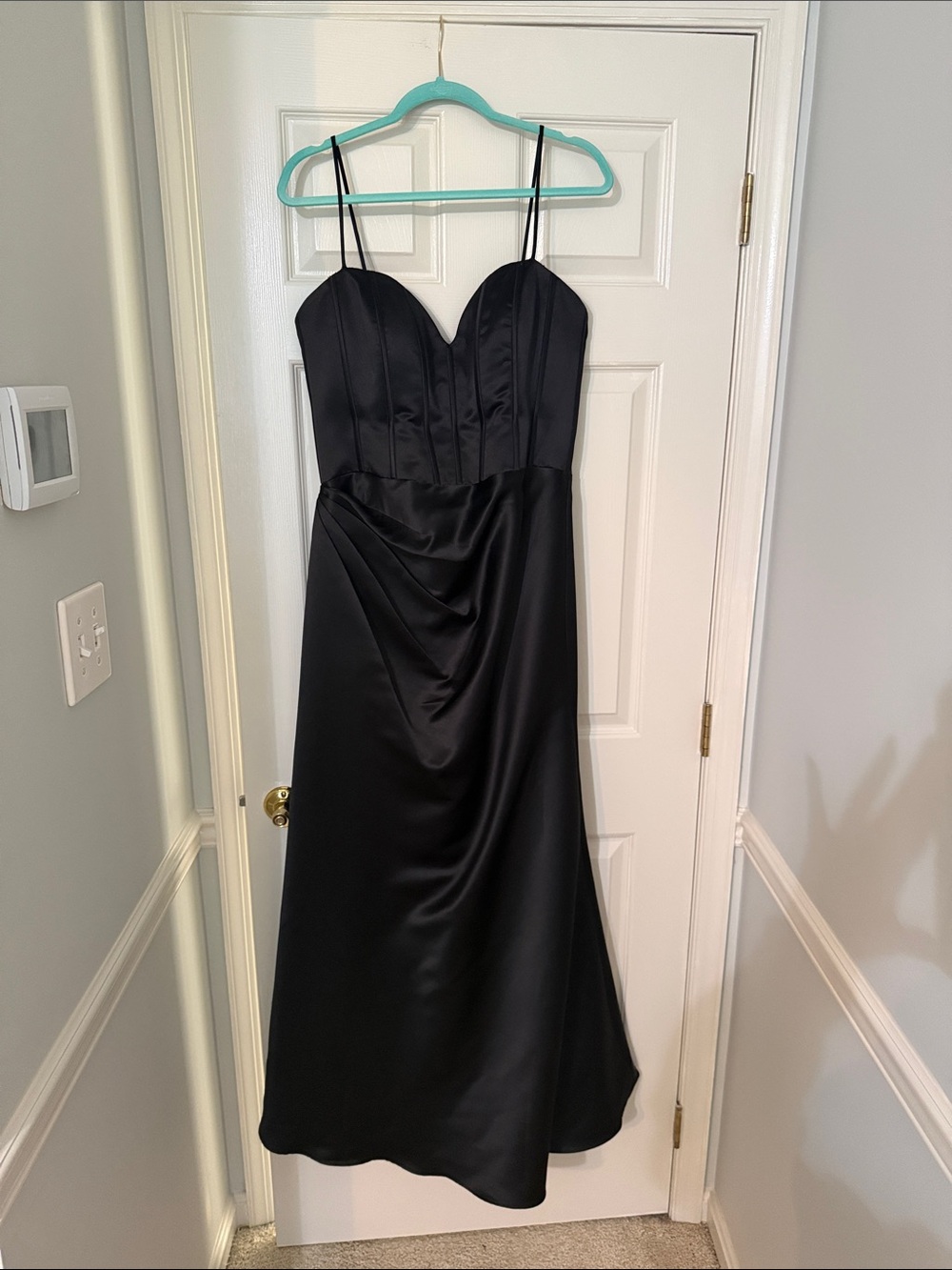 Black Satin Strapless Evening Gown with Sweetheart Bodice